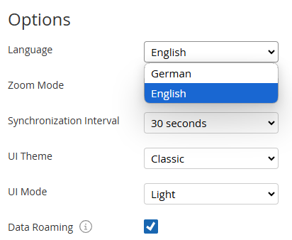 Settings page - Language