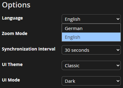 Dark Settings page - Language