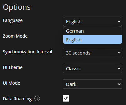 Dark Settings page - Language