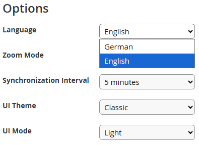 Settings page - Language