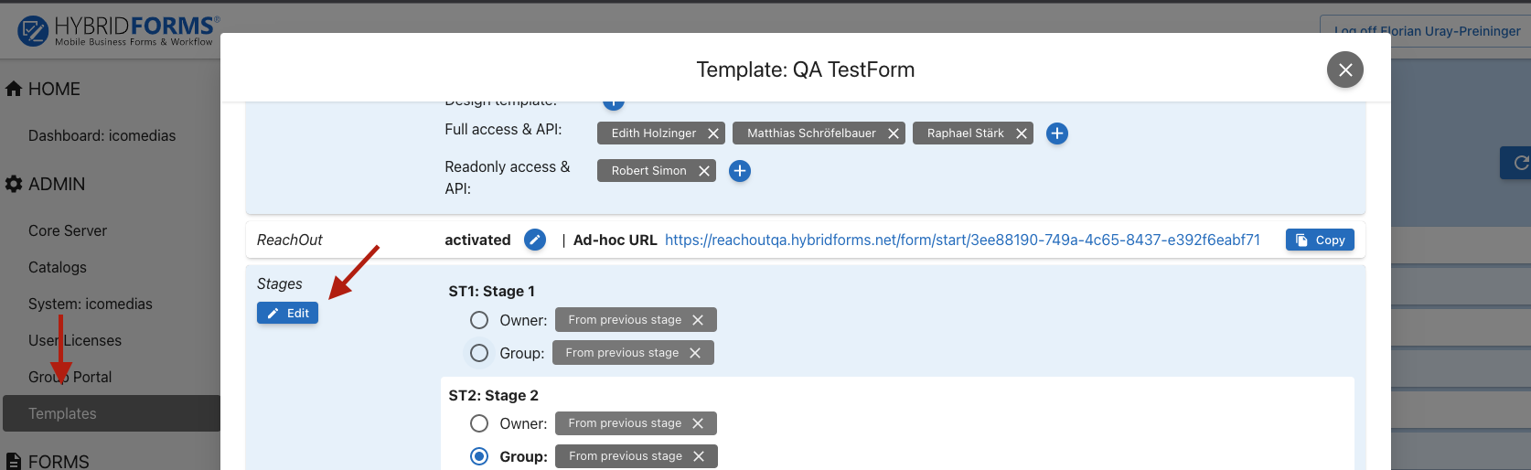 Edit Stages in Admin UI